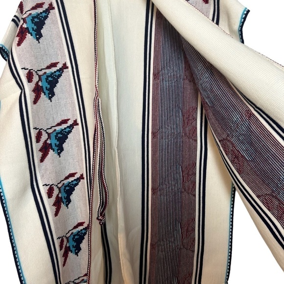 Retro 60’s 70’s Rare Bluebird Boho Rug Western Poncho w/ Fringe Hem & Tie Front - Picture 7 of 16